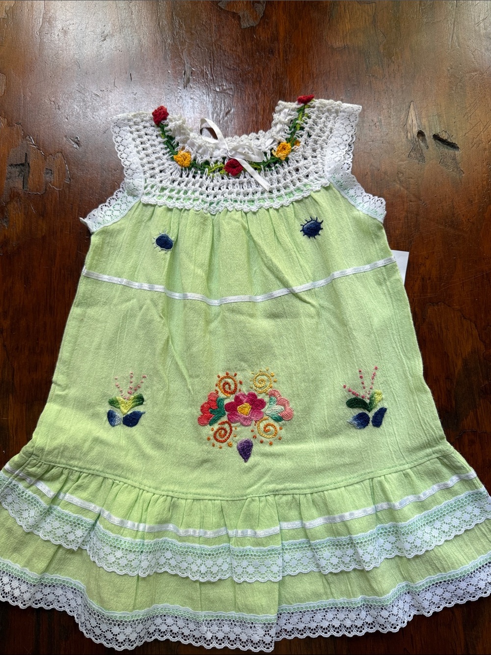 Girls Light Green Crochet-Trim Floral Dress